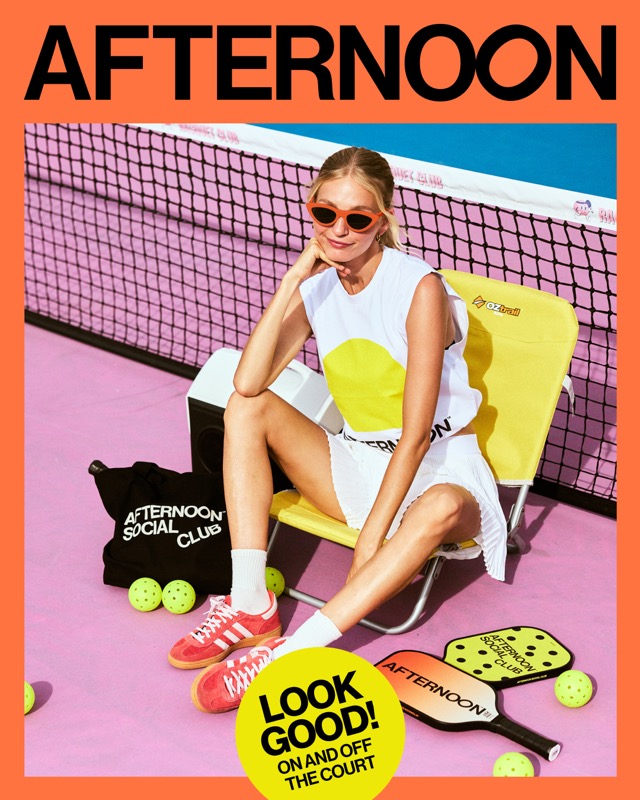Courtside in Afternoon Social Club apparel with paddles, a tote and a deck chair