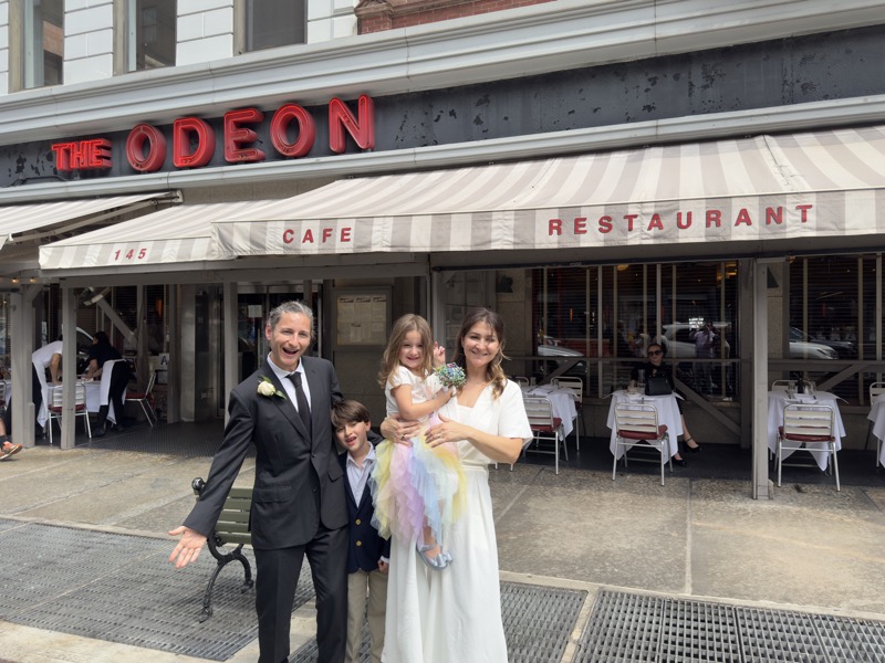 A wedding day outside The Odeon restaurant in New York
